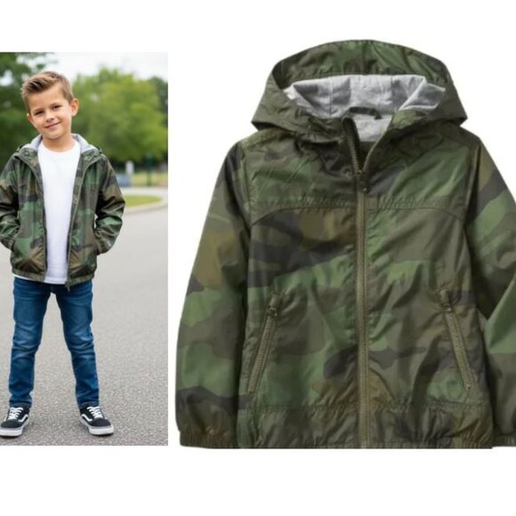 GAP Kids Green Camo Fully Lined Lightweight Hooded Windbreaker, Size Small (6-7) - Picture 1 of 6